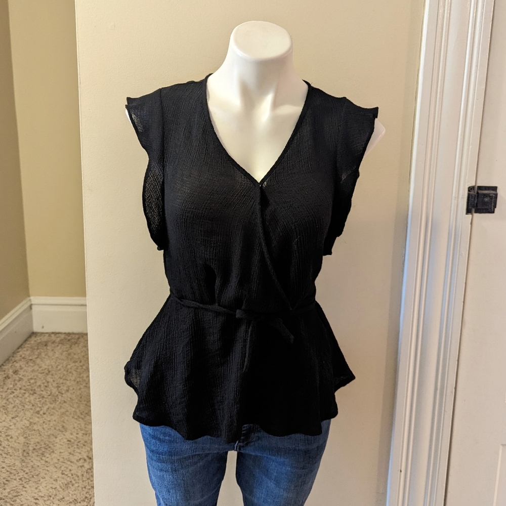 Active USA slightly sheer black faux wrap ruffle sleeve top size Small